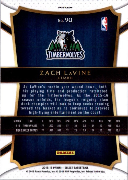 2015-16 Select Prizms Silver #90 Zach LaVine CON back image