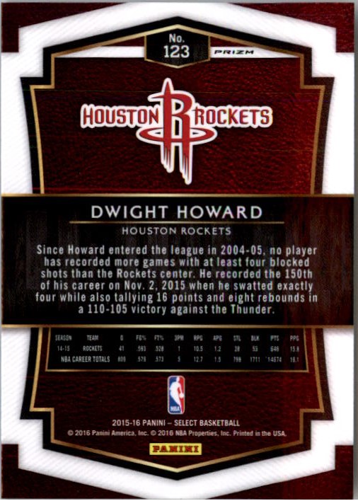 2015-16 Select Prizms Silver #123 Dwight Howard PRE back image