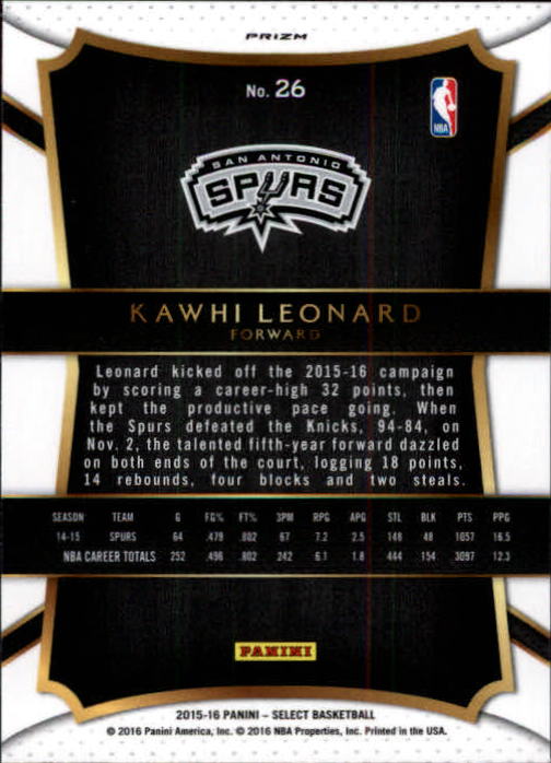 2015-16 Select Prizms Tri Color #26 Kawhi Leonard CON