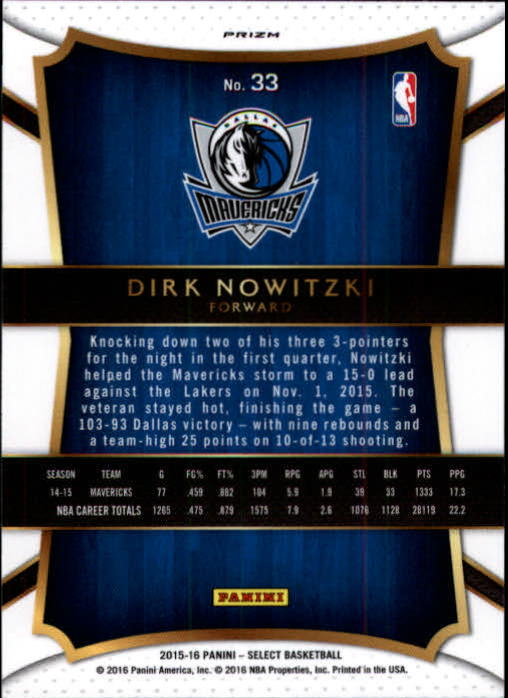 2015-16 Select Prizms Tri Color #33 Dirk Nowitzki CON back image