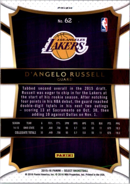 2015-16 Select Prizms Tri Color #62 D'Angelo Russell CON
