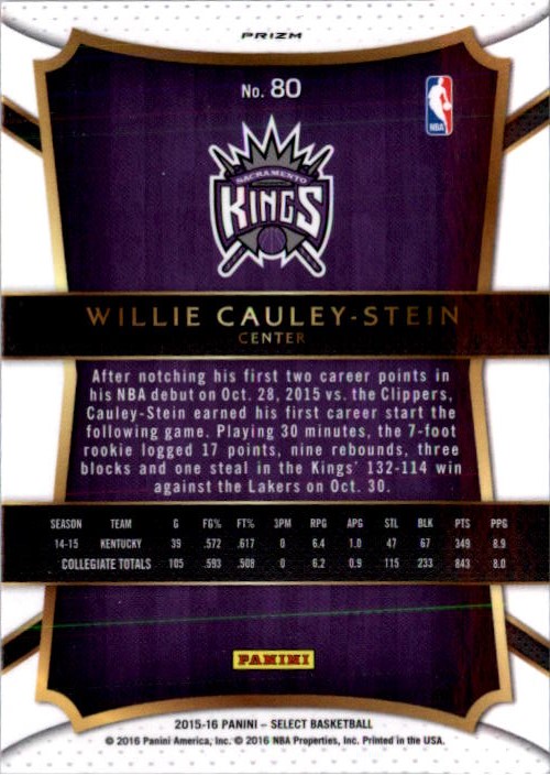 2015-16 Select Prizms Tri Color #80 Willie Cauley-Stein CON back image
