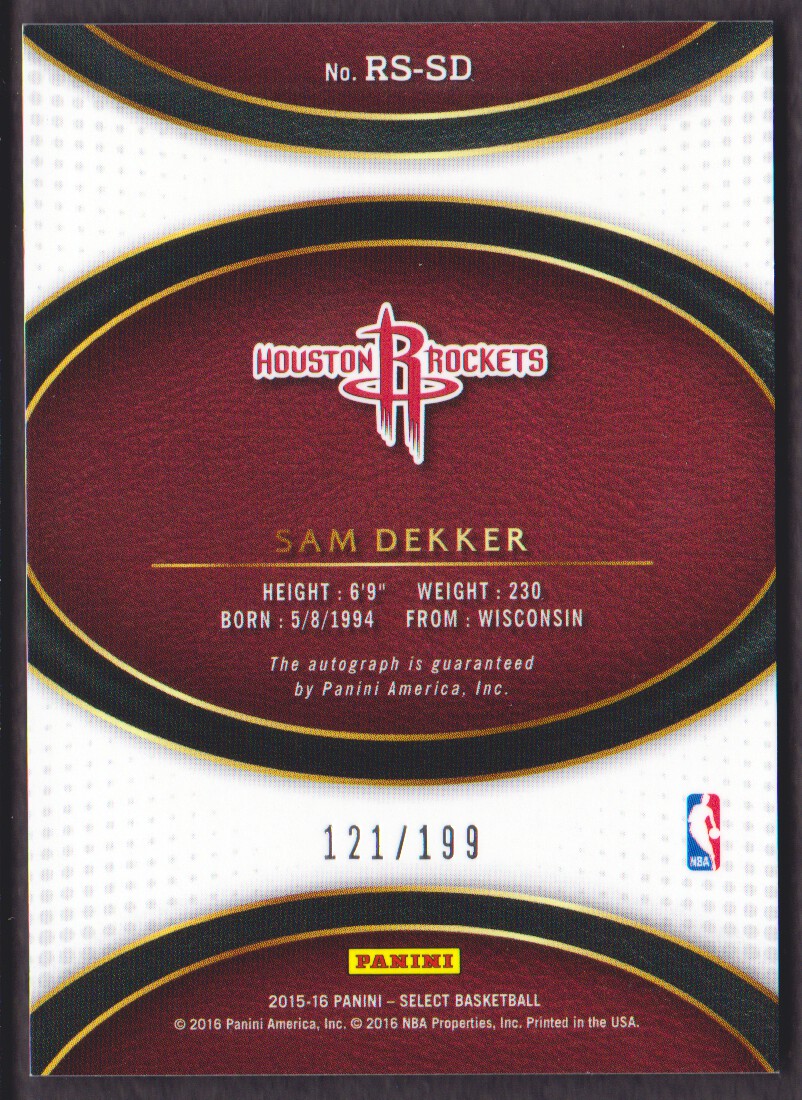 2015-16 Select Rookie Signatures #RSSD Sam Dekker back image