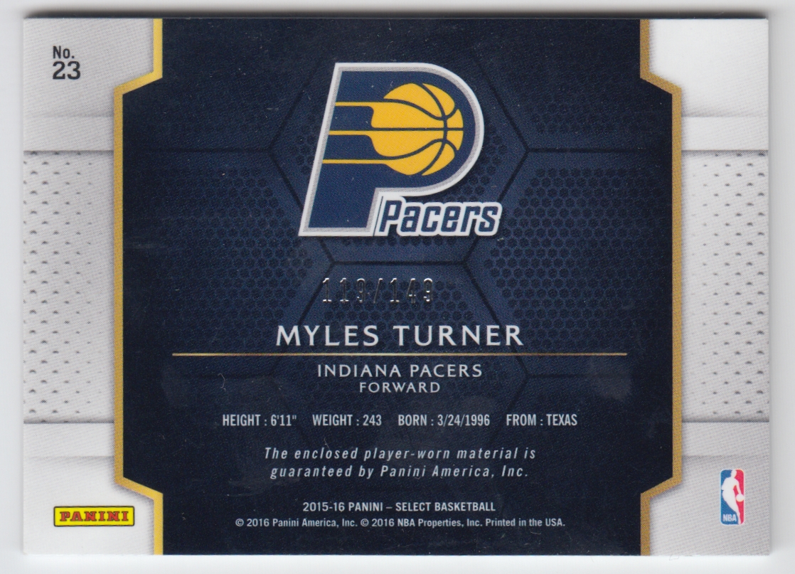 2015-16 Select Rookie Swatches #23 Myles Turner back image