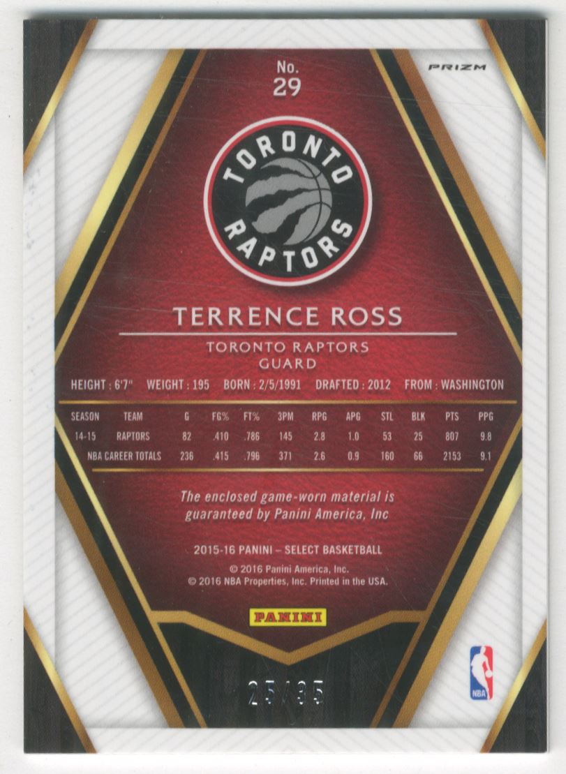 2015-16 Select Swatches Prizms Orange #29 Terrence Ross/35 back image