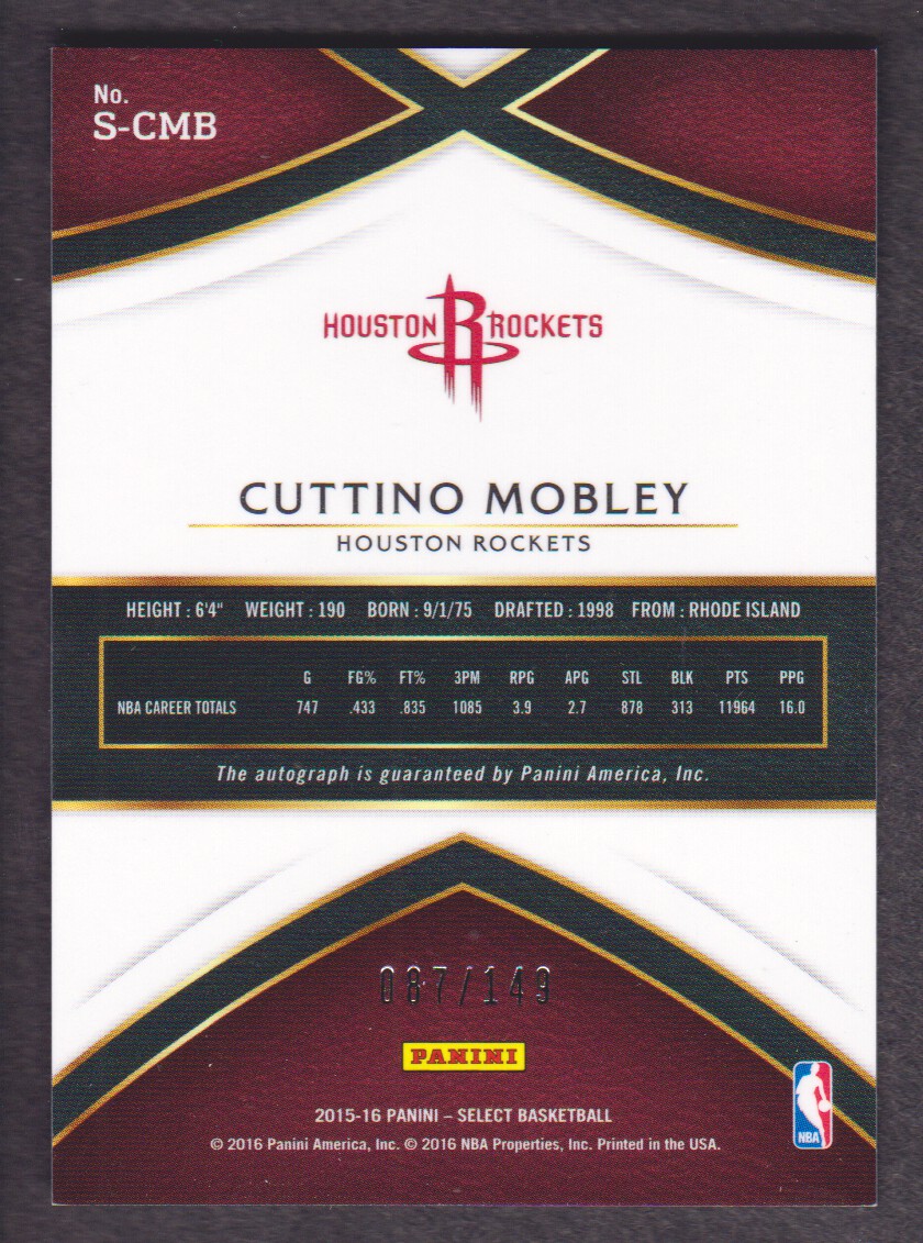 2015-16 Select Signatures #34 Cuttino Mobley/149 back image