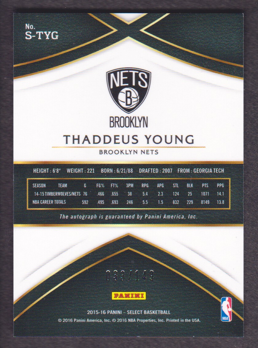 2015-16 Select Signatures #46 Thaddeus Young/149 back image