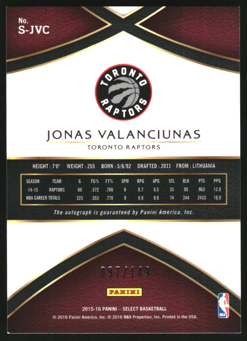 2015-16 Select Signatures #47 Jonas Valanciunas/149 back image