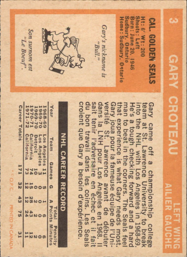 1972-73 O-Pee-Chee #3 Gary Croteau back image