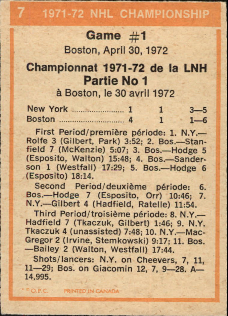 1972-73 O-Pee-Chee #7 Playoff Game 1/Bruins 6/Rangers 5 back image