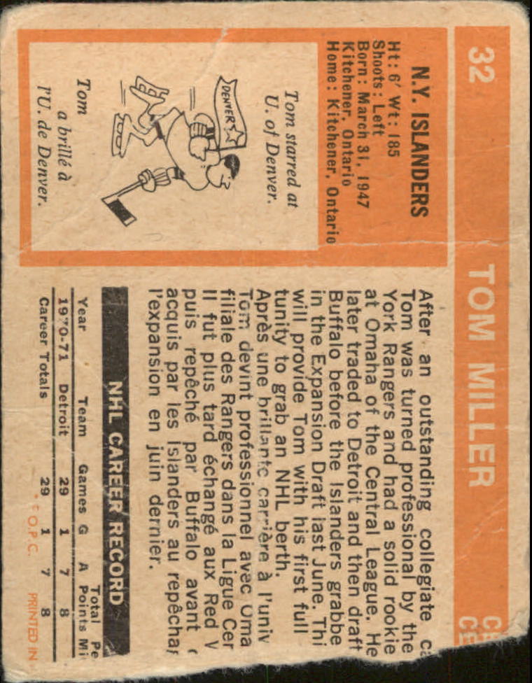 1972-73 O-Pee-Chee #32 Tom Miller RC back image