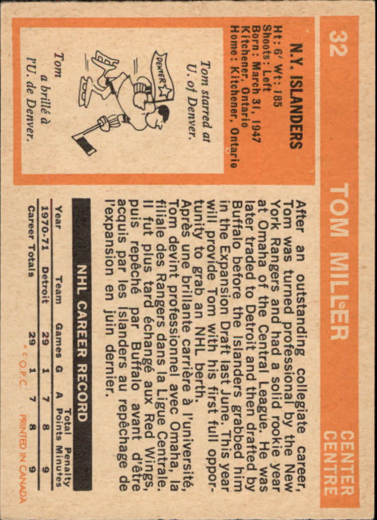 1972-73 O-Pee-Chee #32 Tom Miller RC back image