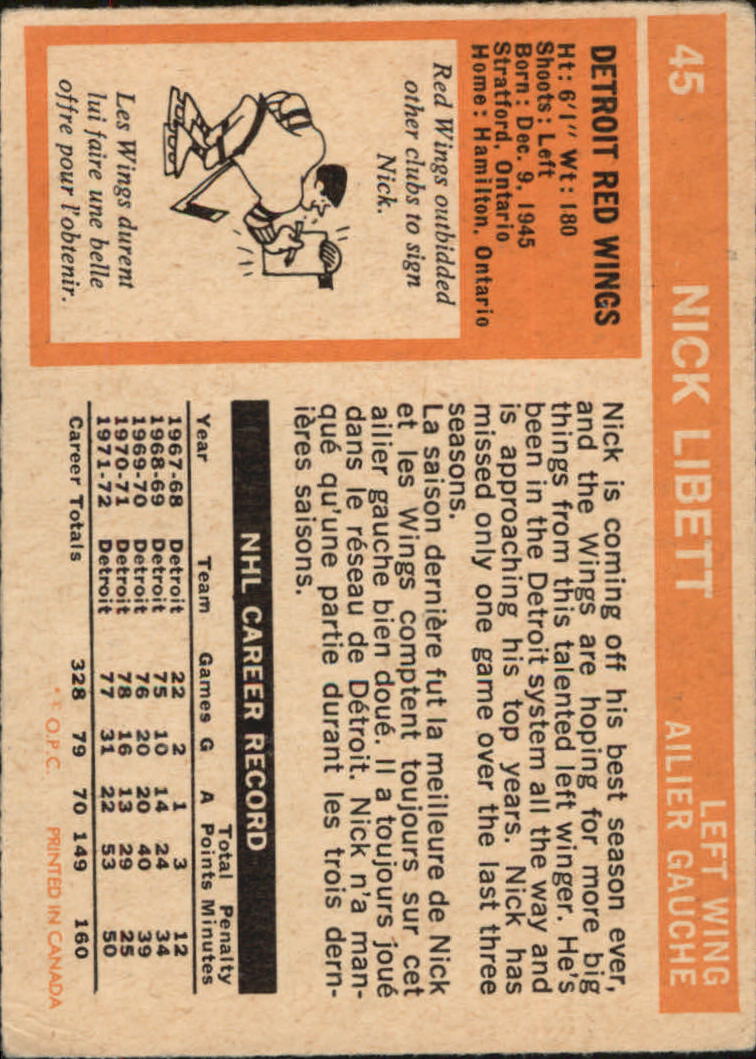 1972-73 O-Pee-Chee #45 Nick Libett back image