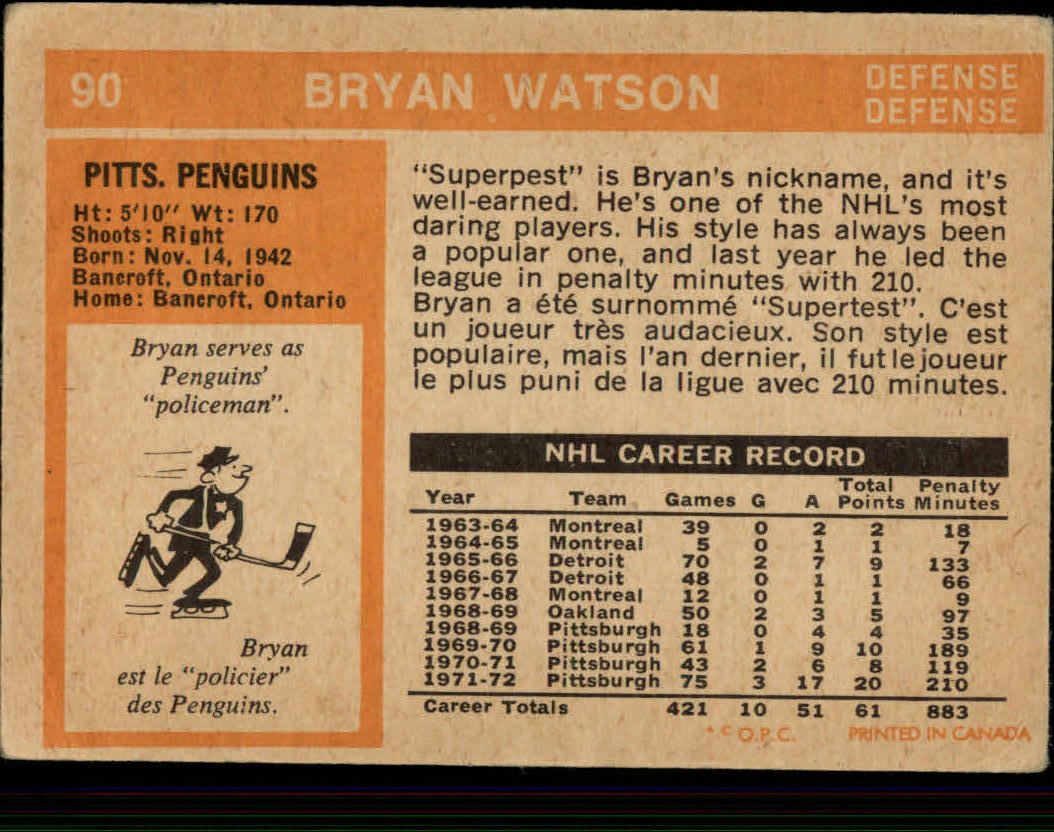 1972-73 O-Pee-Chee #90 Bryan Watson back image
