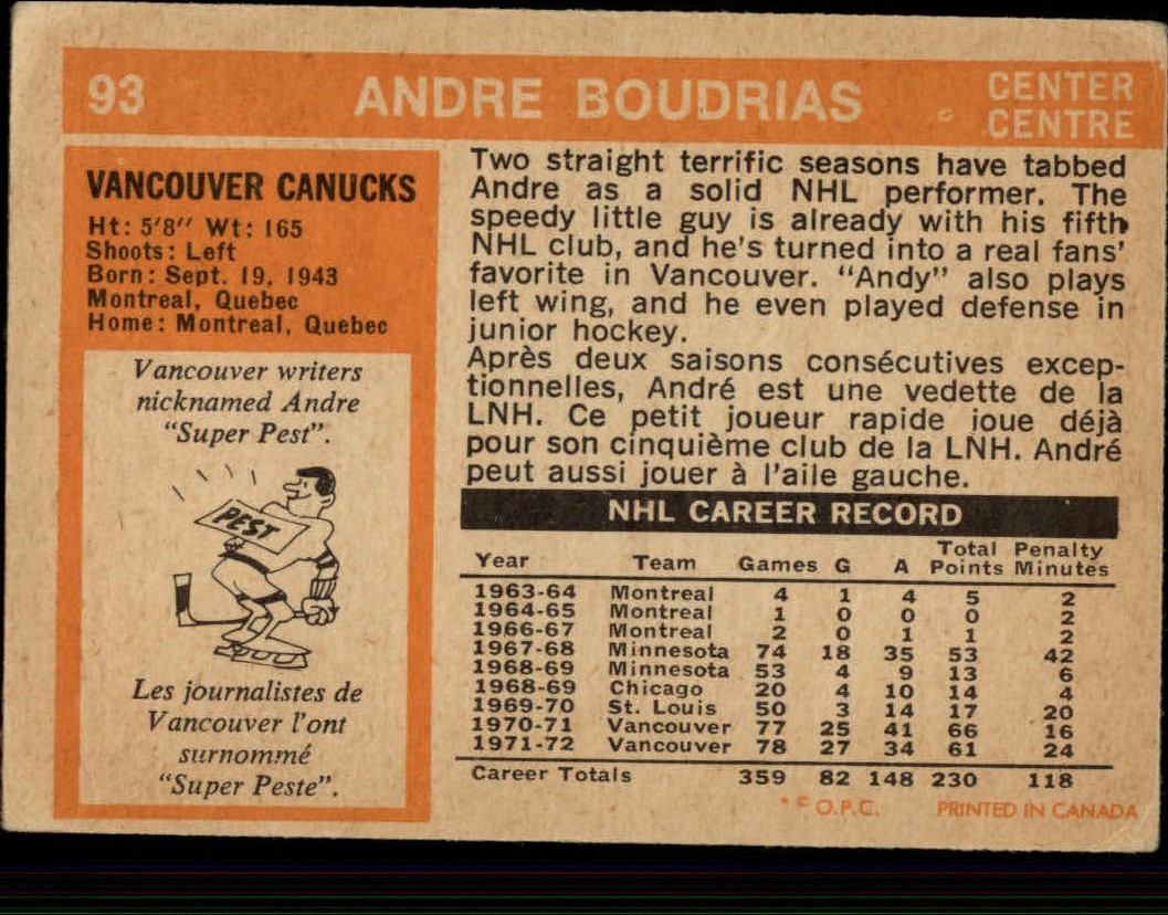 1972-73 O-Pee-Chee #93 Andre Boudrias back image