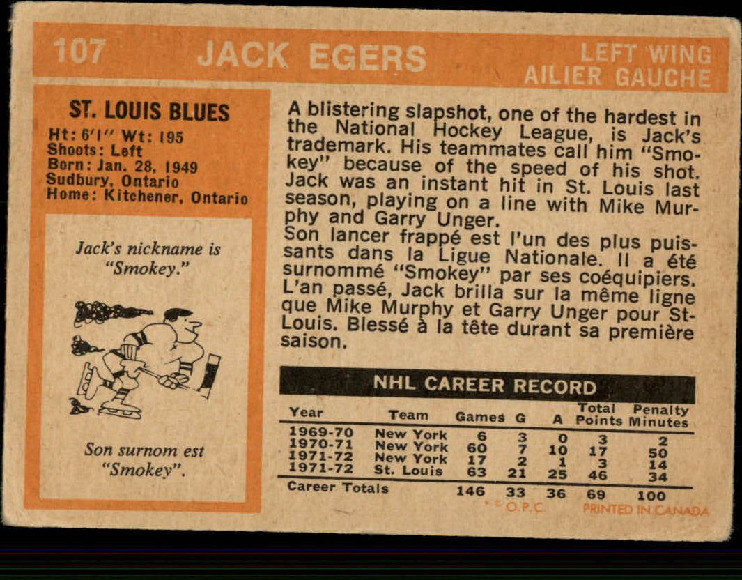 1972-73 O-Pee-Chee #107 Jack Egers RC back image