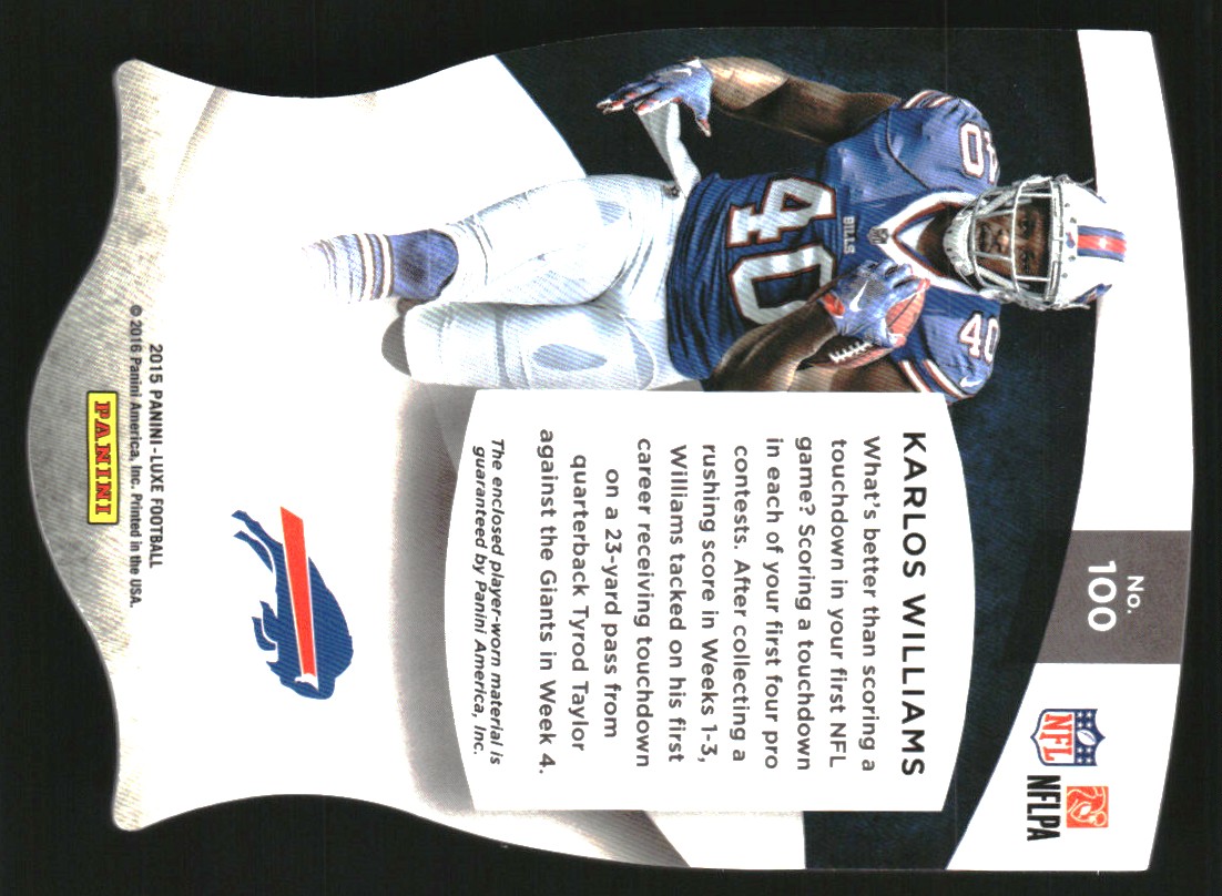 2015 Panini Luxe Memorabilia Die Cuts Prime Blue #100 Karlos Williams