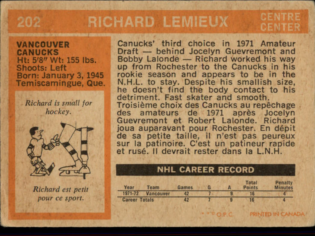 1972-73 O-Pee-Chee #202 Richard Lemieux RC back image