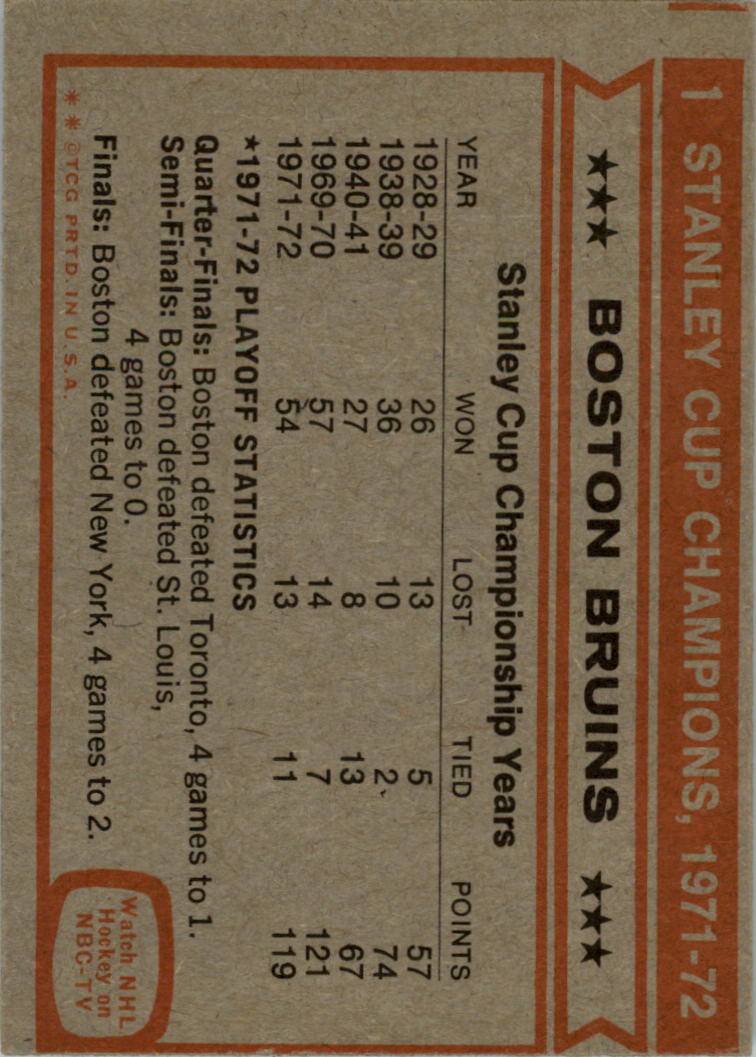 1972-73 Topps #1 World Champions DP/Boston Bruins Team back image