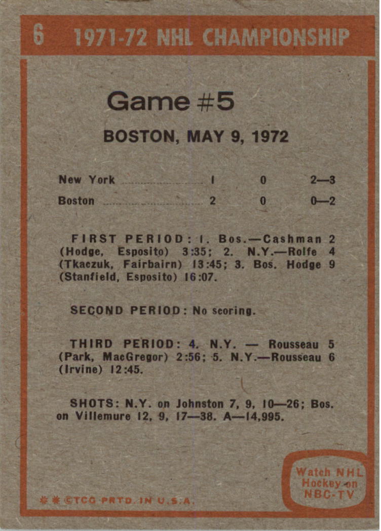 1972-73 Topps #6 Playoff Game 5 DP/Rangers 3/Bruins 2 back image