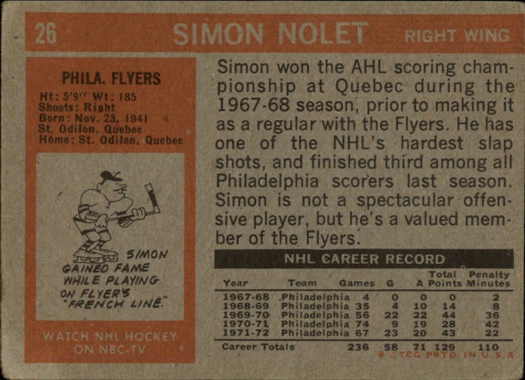 1972-73 Topps #26 Simon Nolet DP back image