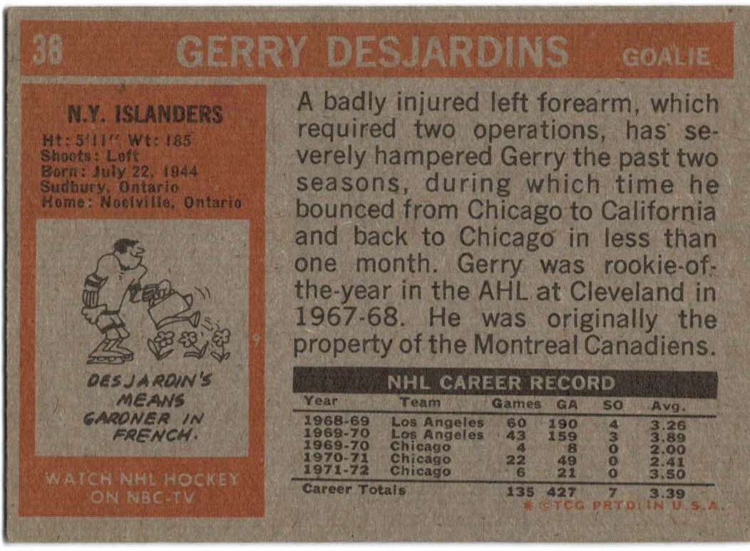 1972-73 Topps #38 Gerry Desjardins DP back image