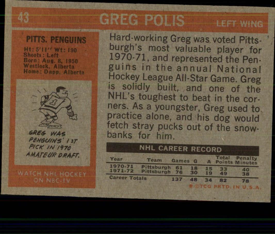 1972-73 Topps #43 Greg Polis DP back image