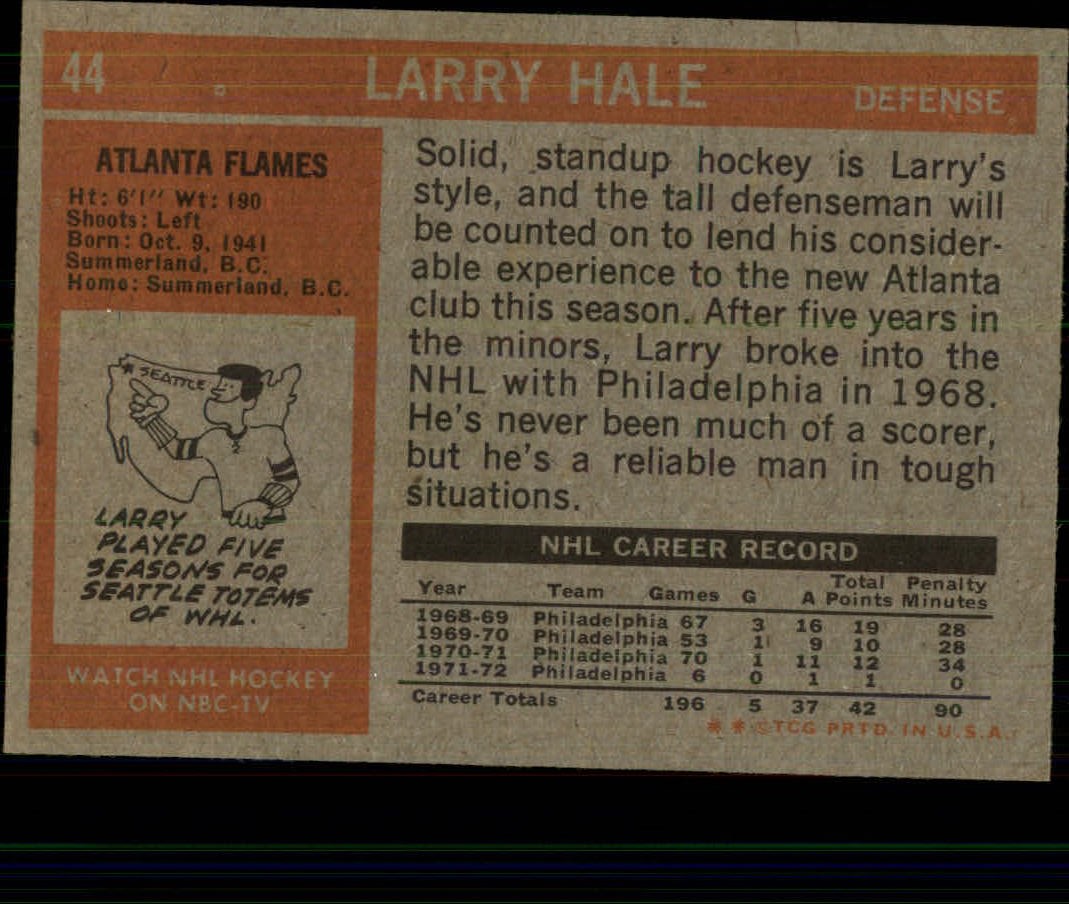 1972-73 Topps #44 Larry Hale DP RC back image