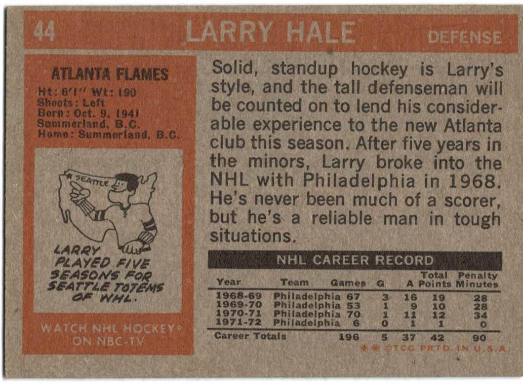 1972-73 Topps #44 Larry Hale DP RC back image