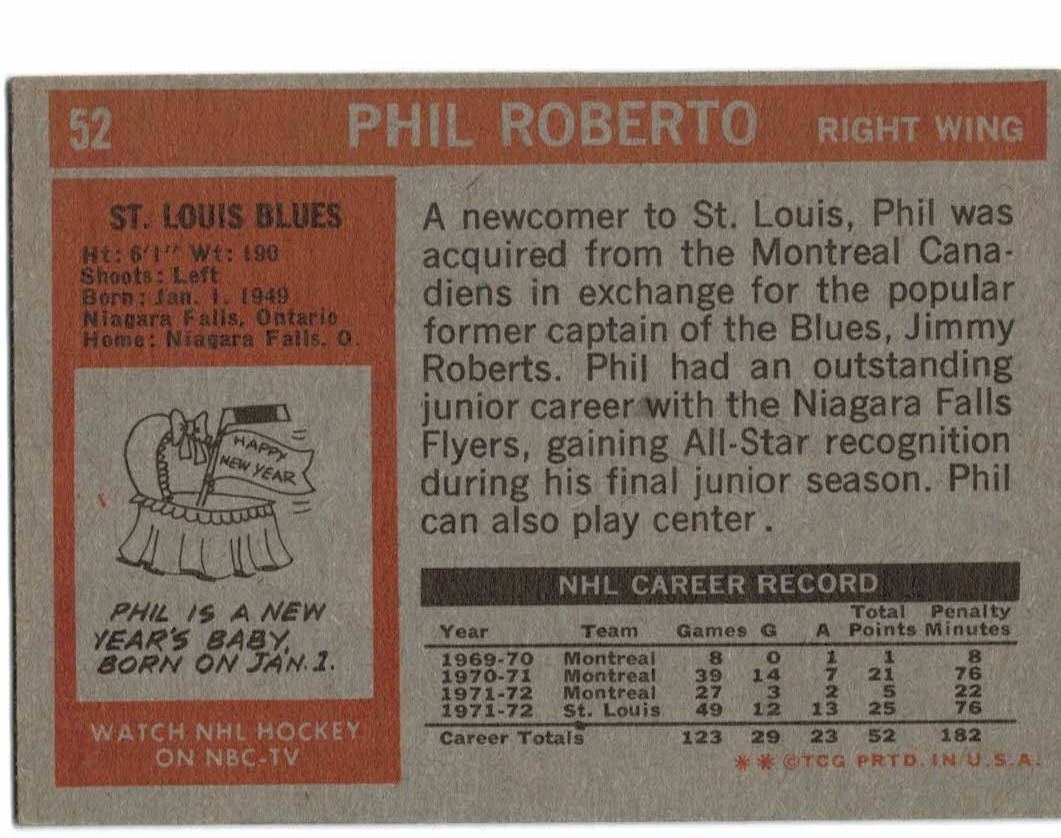 1972-73 Topps #52 Phil Roberto DP back image
