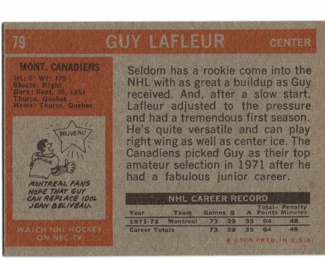 1972-73 Topps #79 Guy Lafleur DP back image