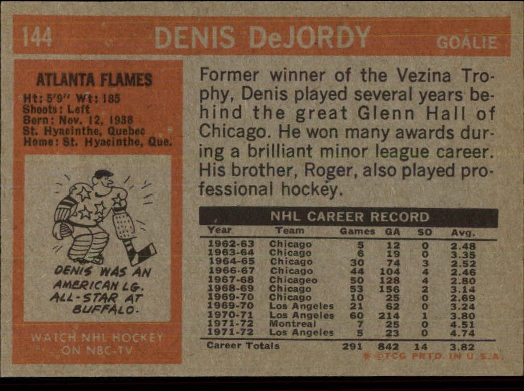 1972-73 Topps #144 Denis DeJordy DP back image