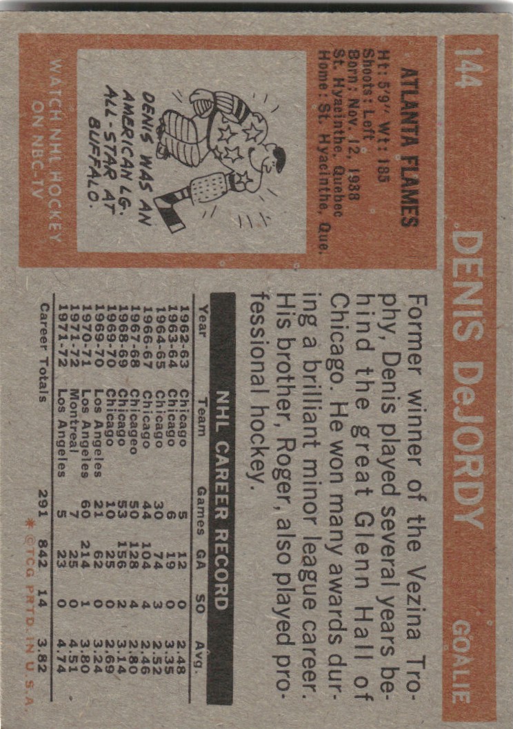1972-73 Topps #144 Denis DeJordy DP back image