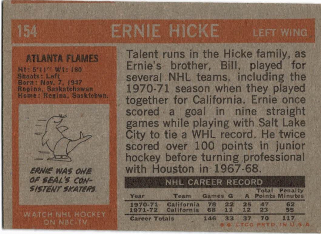 1972-73 Topps #154 Ernie Hicke DP back image