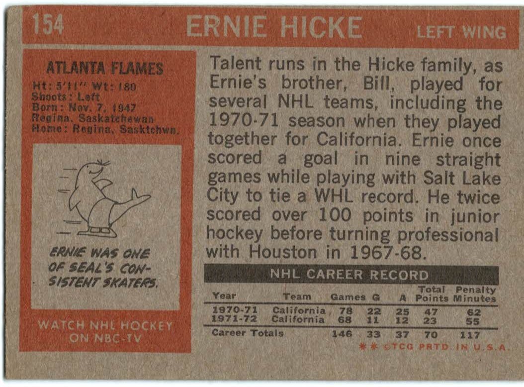 1972-73 Topps #154 Ernie Hicke DP back image