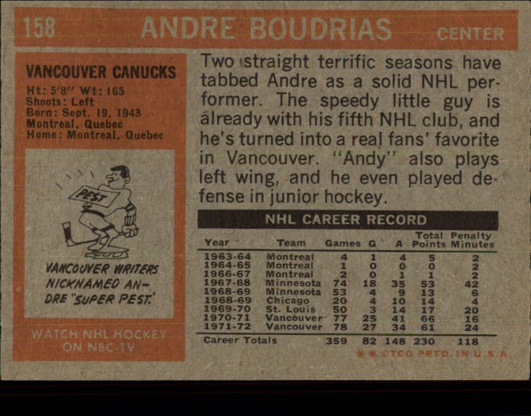 1972-73 Topps #158 Andre Boudrias back image