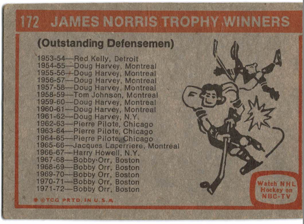 1972-73 Topps #172 James Norris Trophy back image