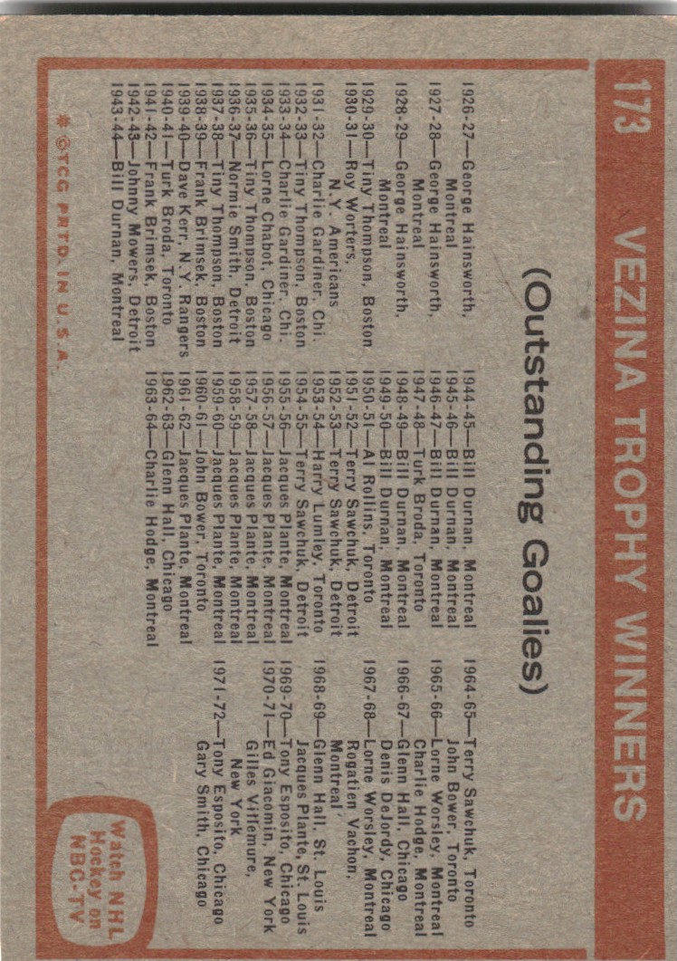 1972-73 Topps #173 Vezina Trophy DP back image
