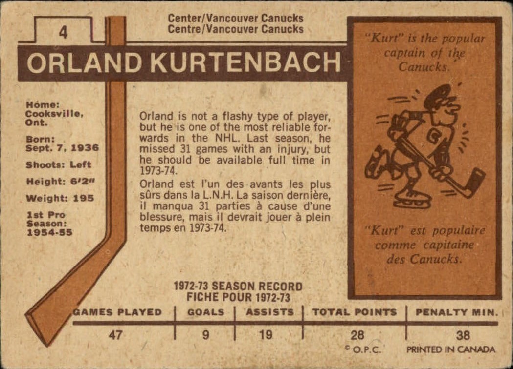 1973-74 O-Pee-Chee #4 Orland Kurtenbach back image