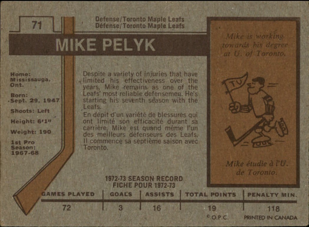 1973-74 O-Pee-Chee #71 Mike Pelyk back image