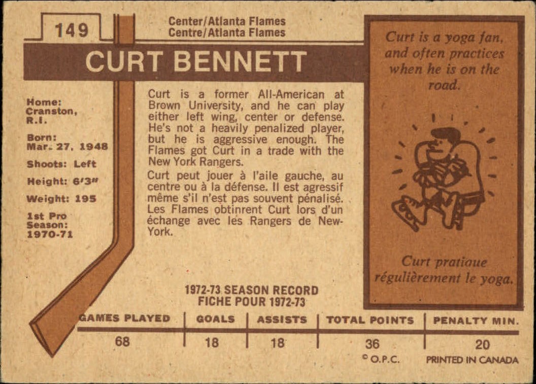 1973-74 O-Pee-Chee #149 Curt Bennett RC back image
