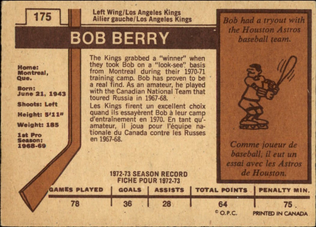1973-74 O-Pee-Chee #175 Bob Berry back image
