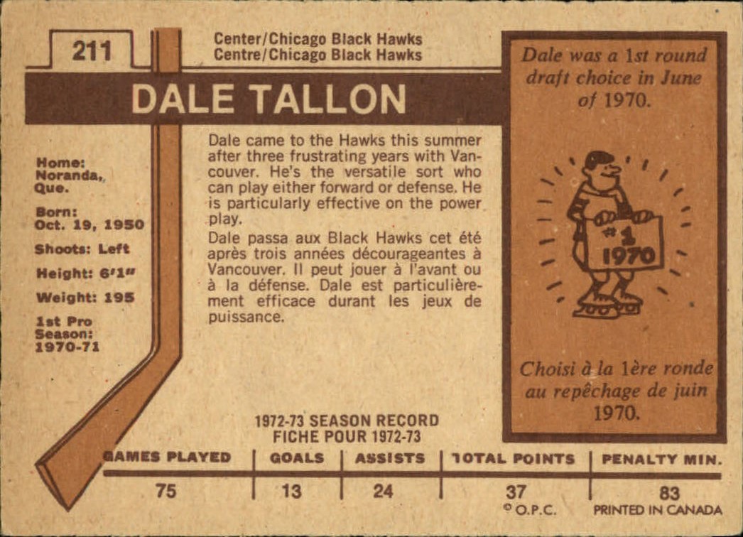 1973-74 O-Pee-Chee #211 Dale Tallon back image