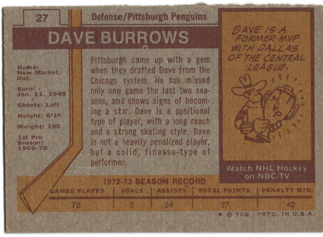 1973-74 Topps #27 Dave Burrows back image