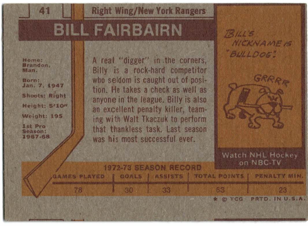 1973-74 Topps #41 Bill Fairbairn back image