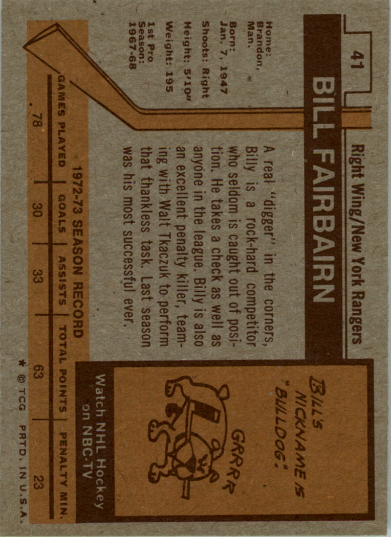 1973-74 Topps #41 Bill Fairbairn back image