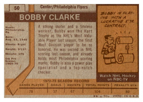 1973-74 Topps #50 Bobby Clarke back image