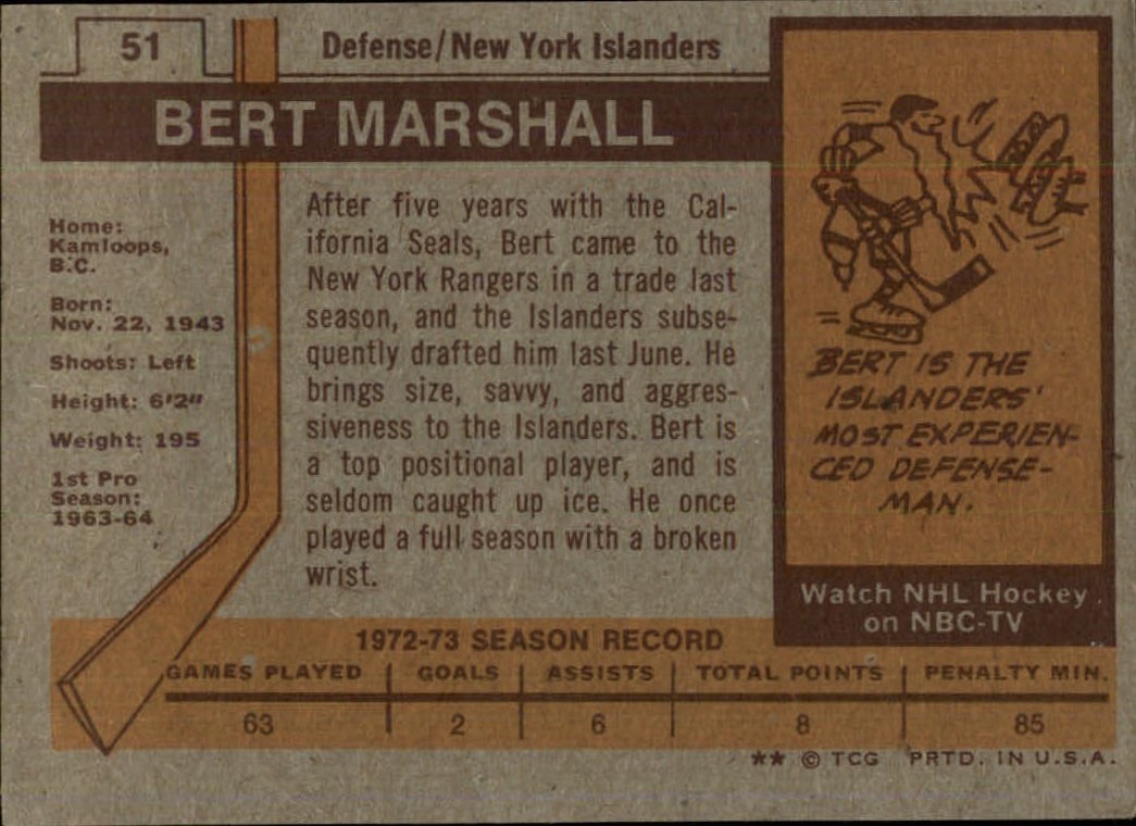 1973-74 Topps #51 Bert Marshall DP back image