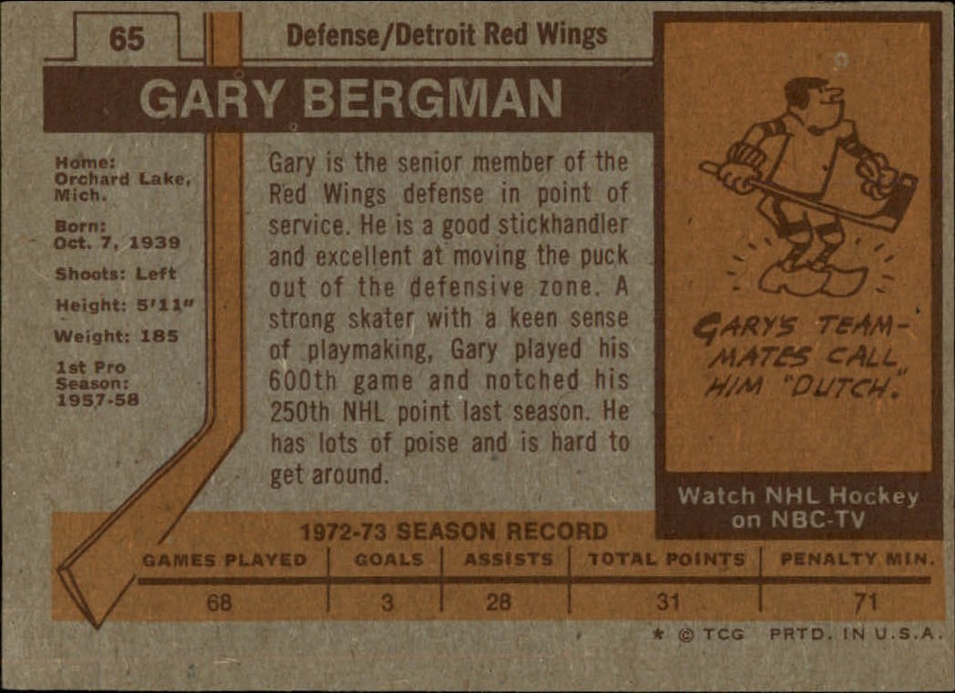 1973-74 Topps #65 Gary Bergman DP back image
