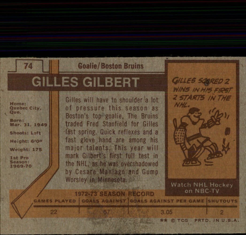 1973-74 Topps #74 Gilles Gilbert DP RC back image